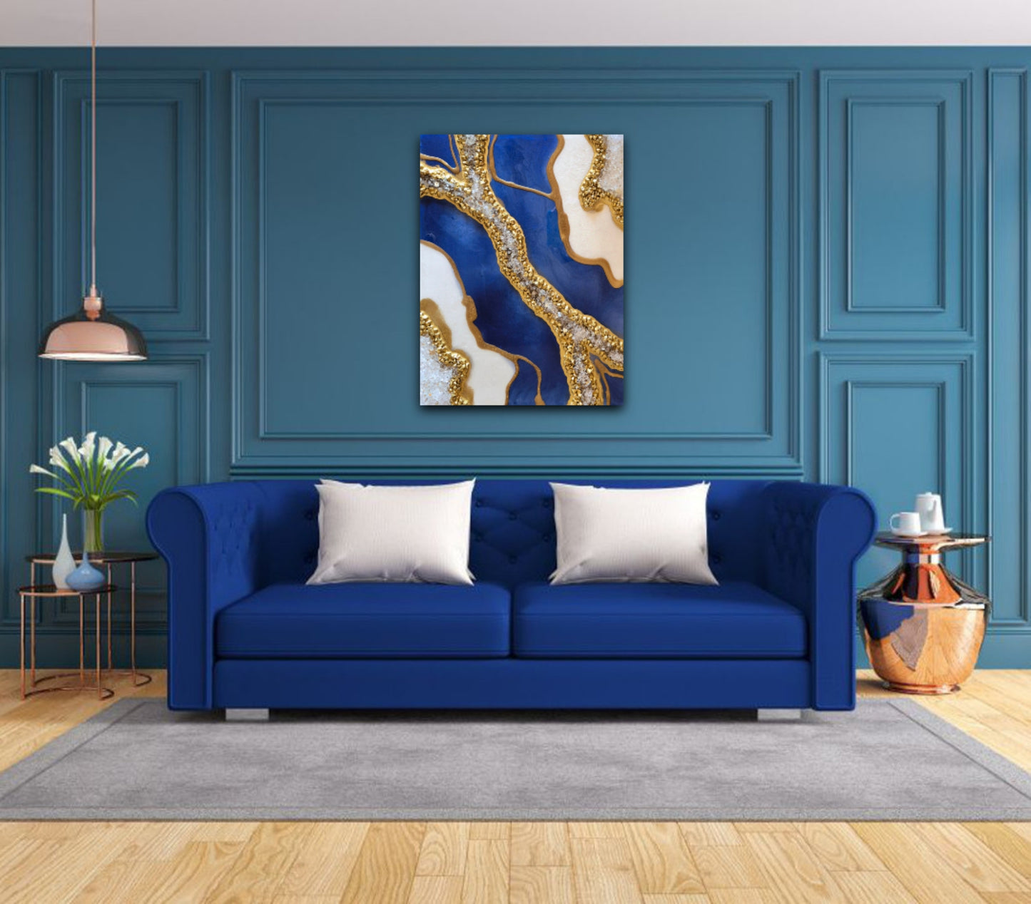 Blue, White and Gold Resin Geode Painting