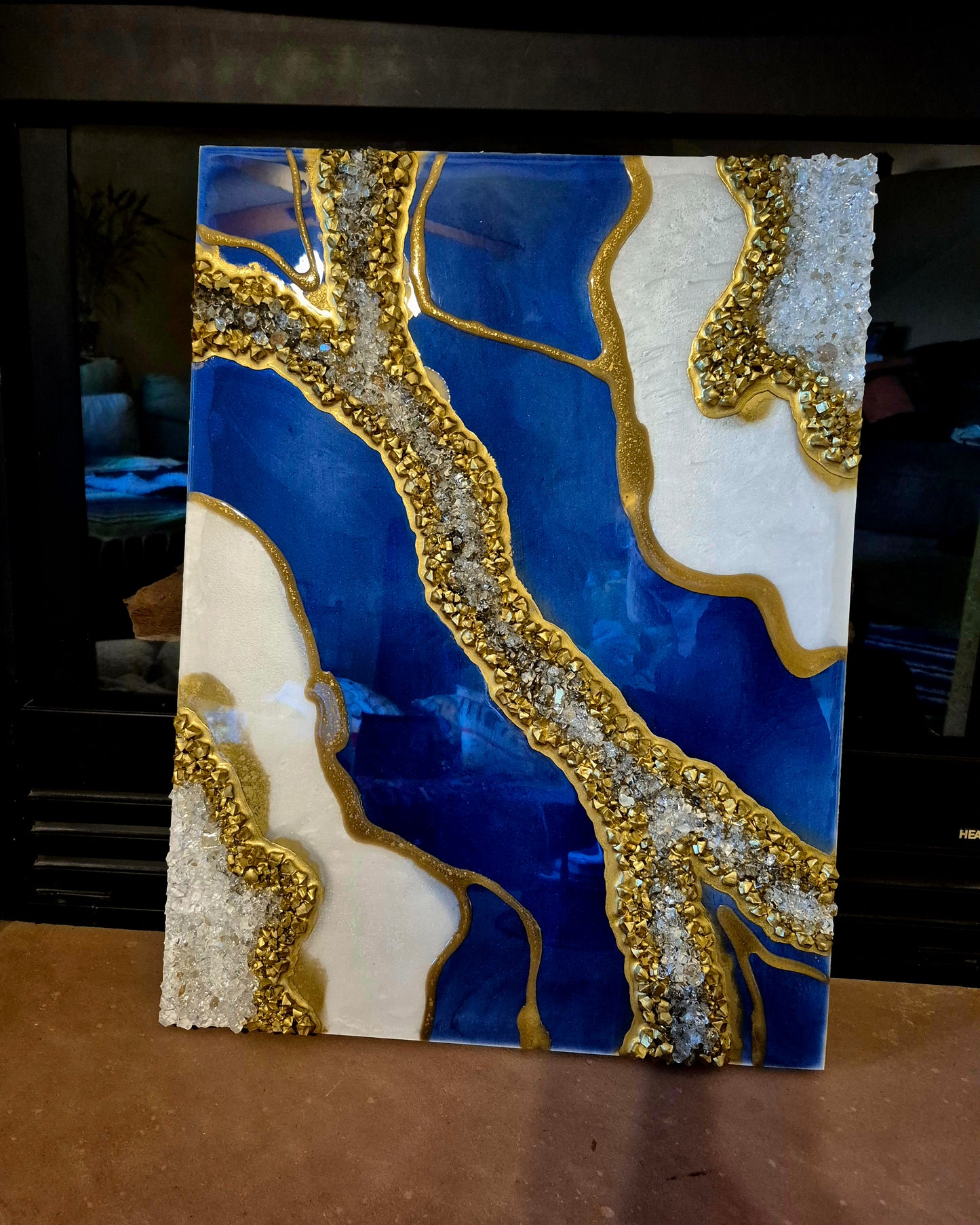 Blue, White and Gold Resin Geode Painting