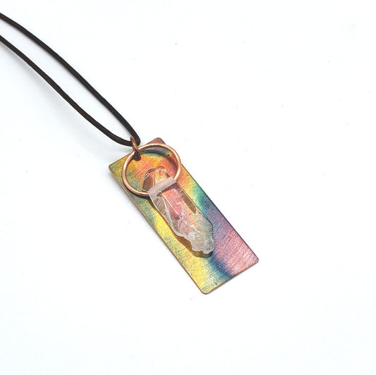 Fire Painted Copper Necklace with Clear Quartz