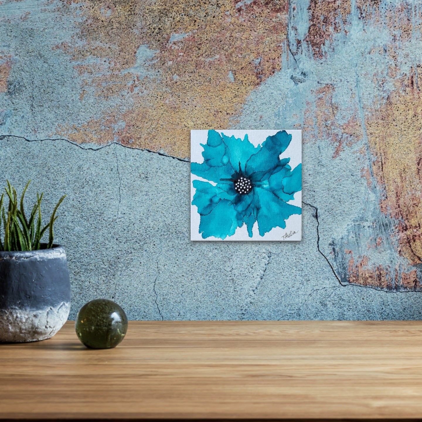 Blue Alcohol Ink Flower on Canvas