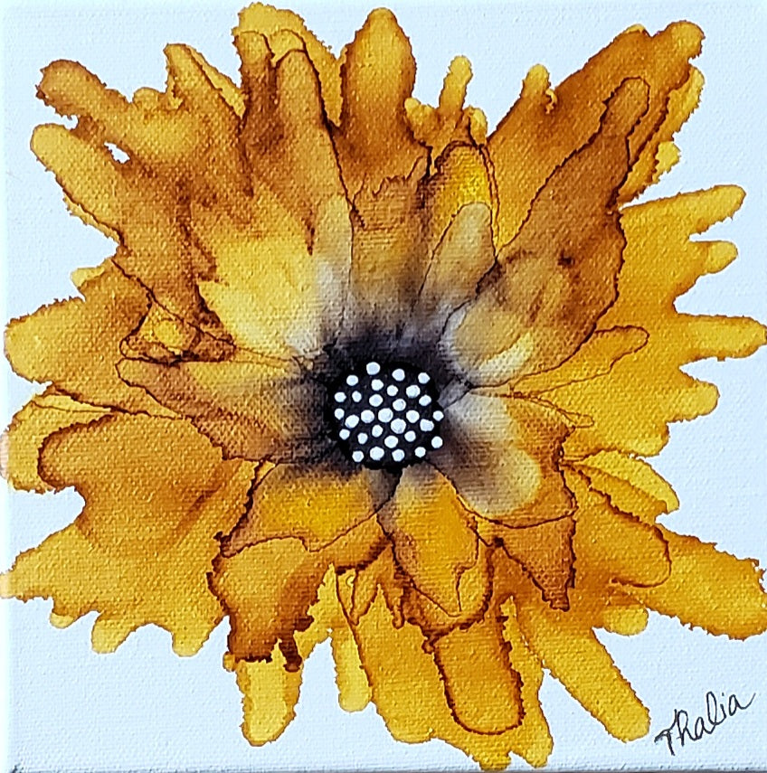 Yellow Alcohol Ink Flower Painting on Canvas