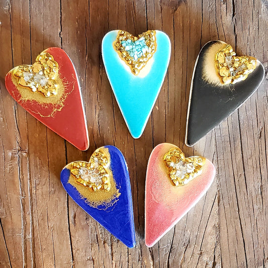 Resin Hearts with Crushed Glass on Wood